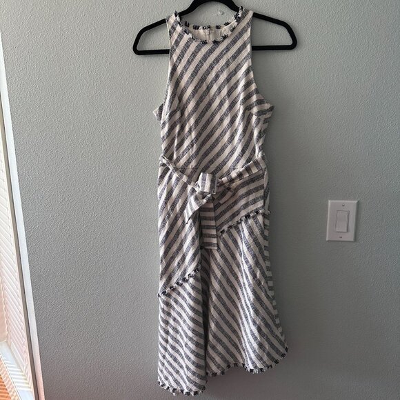 Banana Republic Tweed Assymetrical Belted Dress Women's 4 Navy Cream - Picture 1 of 8